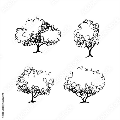 low bush tree set retro old line art etching vector
