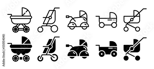 Baby carriage icon set. Vector illustration with a different style. Line and solid style