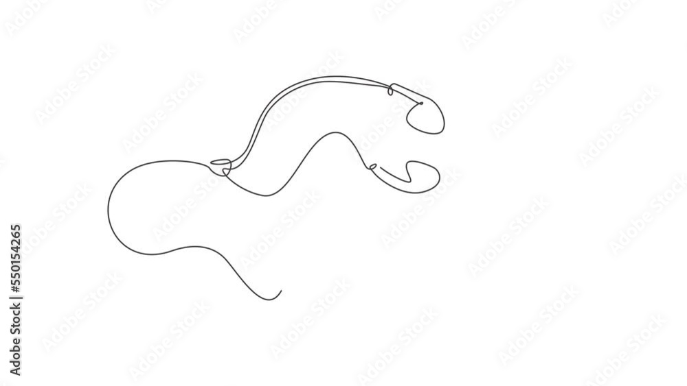 Self drawing animation of single one line draw white music earphones with connector. Earphones hand drawn outline sketch. Black mini headphones icon logo. Continuous line draw. Full length animated Self drawing animation of single one line draw white music earphones with connector. Earphones hand drawn outline sketch. Black mini headphones icon logo. Continuous line draw. Full length animated