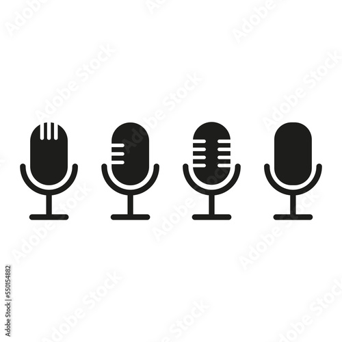 Microphones icons set. Music stage. Design element. Sound equipment. Speaker icon. Vector illustration. stock image. 