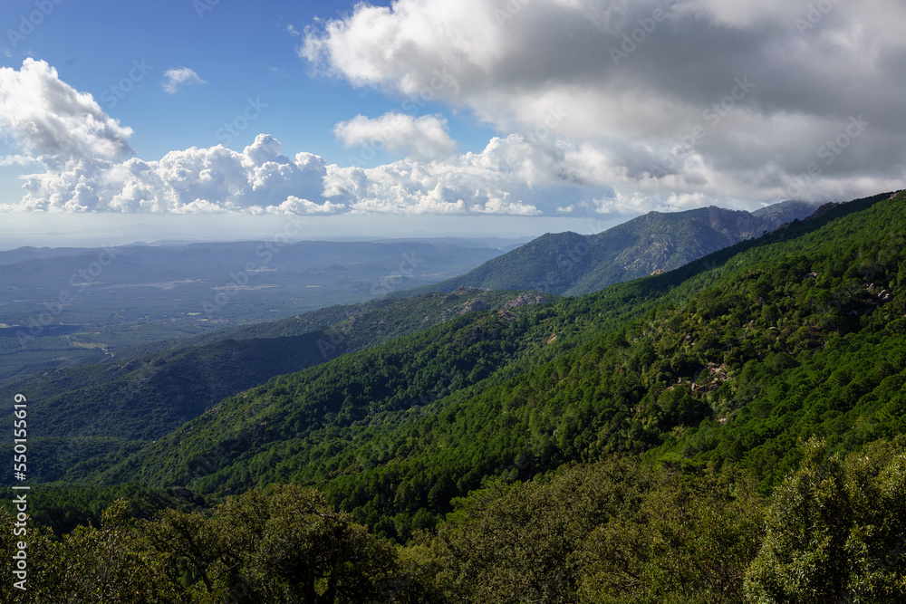 Mountains in Corsica, blue sky and green forests, panorama, landscape, Montagnes en Corse, ciel bleu, forets, paysage