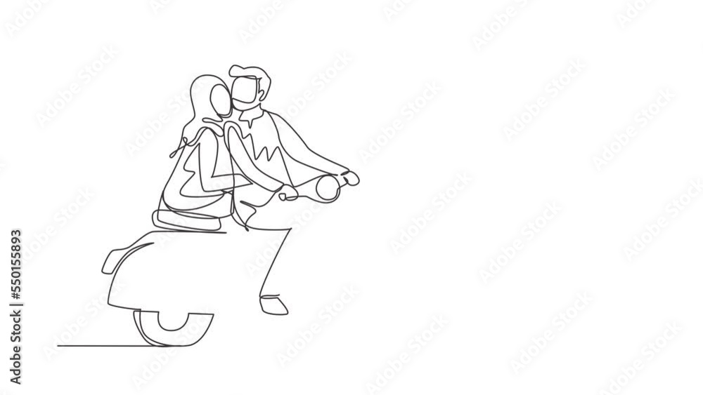 Animated self drawing of continuous line draw couple with scooter vintage, pre-wedding concept. Man woman with motorcycle, amorous relationship. Romantic road trip. Full length single line animation Animated self drawing of continuous line draw couple with scooter vintage, pre-wedding concept. Man woman with motorcycle, amorous relationship. Romantic road trip. Full length single line animation