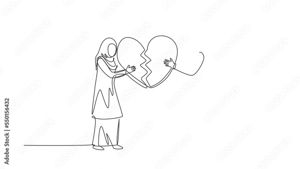 Self drawing animation of single line draw heartbroken Arabic couple parting, divorce. Sad young man and woman trying to put together parts of broken heart. Continuous line draw. Full length animated Self drawing animation of single line draw heartbroken Arabic couple parting, divorce. Sad young man and woman trying to put together parts of broken heart. Continuous line draw. Full length animated
