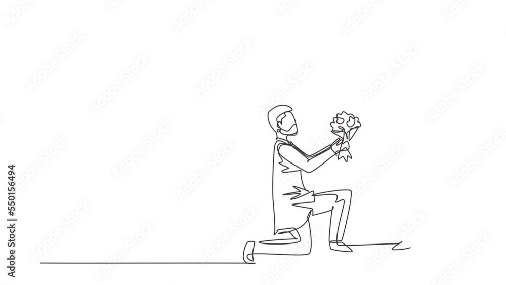 Animated self drawing of continuous line draw man on knee making marriage proposal to woman with bouquet. Boy in love giving flowers. Couple getting ready for wedding. Full length one line animation Animated self drawing of continuous line draw man on knee making marriage proposal to woman with bouquet. Boy in love giving flowers. Couple getting ready for wedding. Full length one line animation