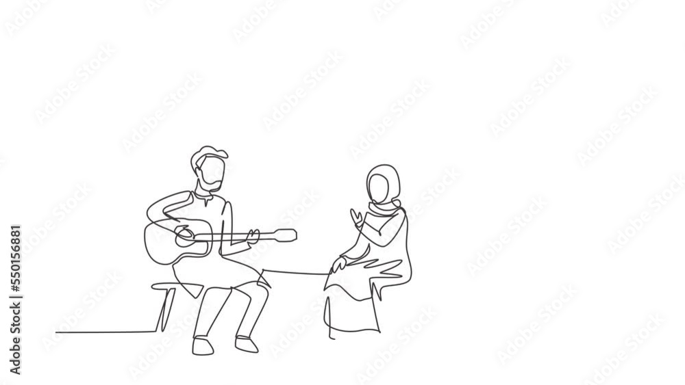Animated self drawing of continuous line draw Arabian couple camping. Camper sitting by campfire next to camp, playing music guitar, people enjoy picnic. Summer tourism. Full length one line animation Animated self drawing of continuous line draw Arabian couple camping. Camper sitting by campfire next to camp, playing music guitar, people enjoy picnic. Summer tourism. Full length one line animation