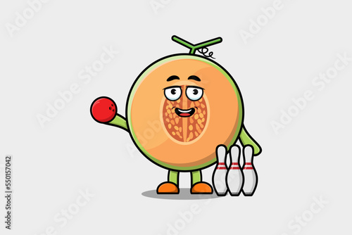 Cute cartoon Melon character playing bowling in flat modern style design illustration