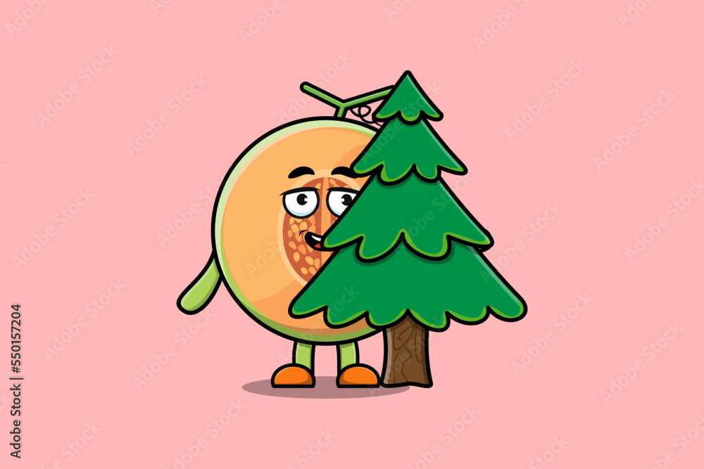 Naklejka premium Cute cartoon Melon character hiding tree in flat modern design in modern style design