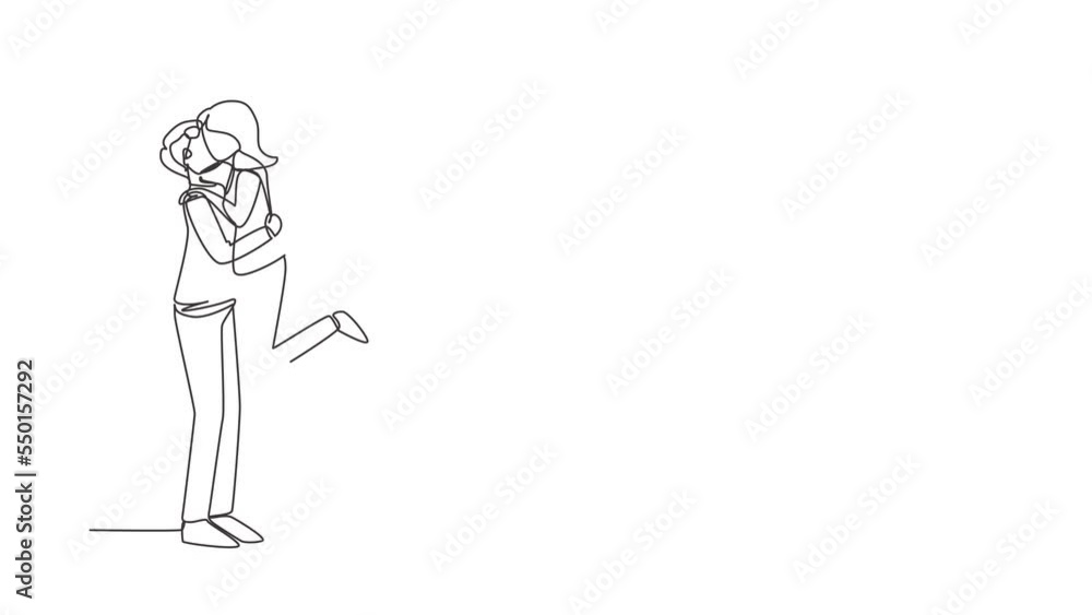 Self drawing animation of single line draw romantic couple in love kissing and hugging. Happy man carrying a pretty woman celebrating wedding anniversary. Continuous line draw. Full length animated Self drawing animation of single line draw romantic couple in love kissing and hugging. Happy man carrying a pretty woman celebrating wedding anniversary. Continuous line draw. Full length animated