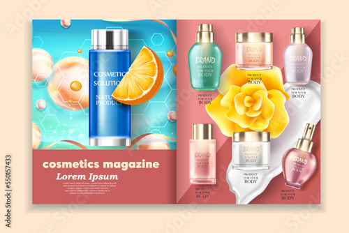 Ad banner for simple beauty products, mock-ups decorated with natural leaves and cream strokes, concept of organic skincare, 3d illustration