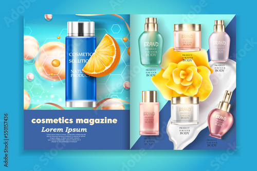 Ad banner for simple beauty products, mock-ups decorated with natural leaves and cream strokes, concept of organic skincare, 3d illustration