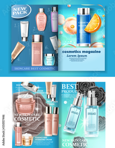 Ad banner for simple beauty products, mock-ups decorated with natural leaves and cream strokes, concept of organic skincare, 3d illustration