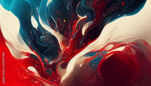 Abstract crimson and red paint splatter background. Fluid shapes, dynamic composition. Design element. 