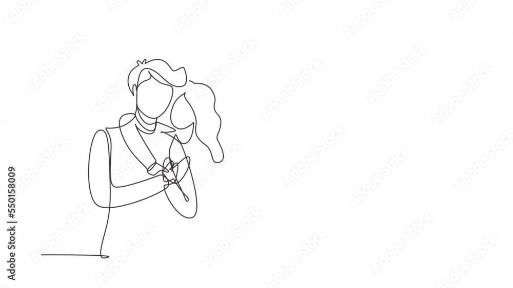 Self drawing animation of single line draw man and woman hug. Happy family concept. Couple in relationship in love. Happy man hugging his partner woman. Continuous line draw. Full length animated Self drawing animation of single line draw man and woman hug. Happy family concept. Couple in relationship in love. Happy man hugging his partner woman. Continuous line draw. Full length animated