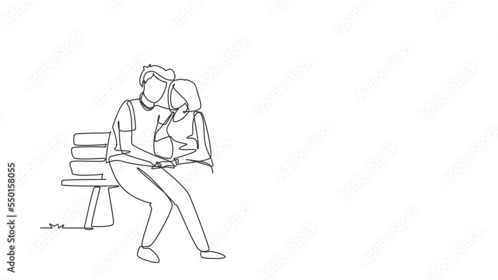 Animated self drawing of continuous line draw romantic couple. Woman man sitting on bench in city park. Happy family concept. Intimacy celebrates wedding anniversary. Full length one line animation Animated self drawing of continuous line draw romantic couple. Woman man sitting on bench in city park. Happy family concept. Intimacy celebrates wedding anniversary. Full length one line animation