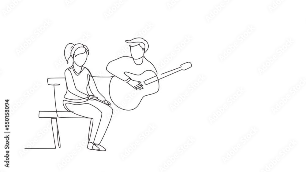 Animated self drawing of continuous line draw people sitting on wooden bench in park. Couple on date, man playing music on guitar, girl listen and singing together. Full length one line animation Animated self drawing of continuous line draw people sitting on wooden bench in park. Couple on date, man playing music on guitar, girl listen and singing together. Full length one line animation