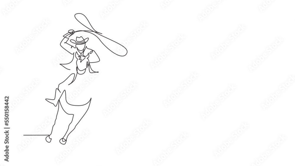 Animated self drawing of continuous line draw cowboy with rope lasso. American cowboy riding horse and throwing lasso. Cowboy on bucking horse running with lasso. Full length single line animation Animated self drawing of continuous line draw cowboy with rope lasso. American cowboy riding horse and throwing lasso. Cowboy on bucking horse running with lasso. Full length single line animation