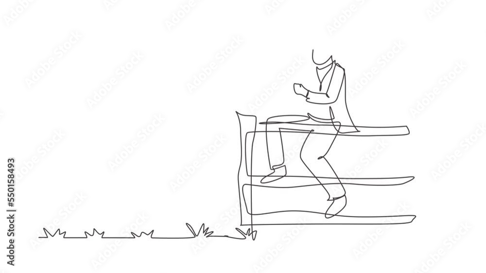 Animated self drawing of single continuous line draw American cowboy with lasso rope on wild west sunset landscape in the evening. Cowboy lifestyle in the stables. Full length one line animation