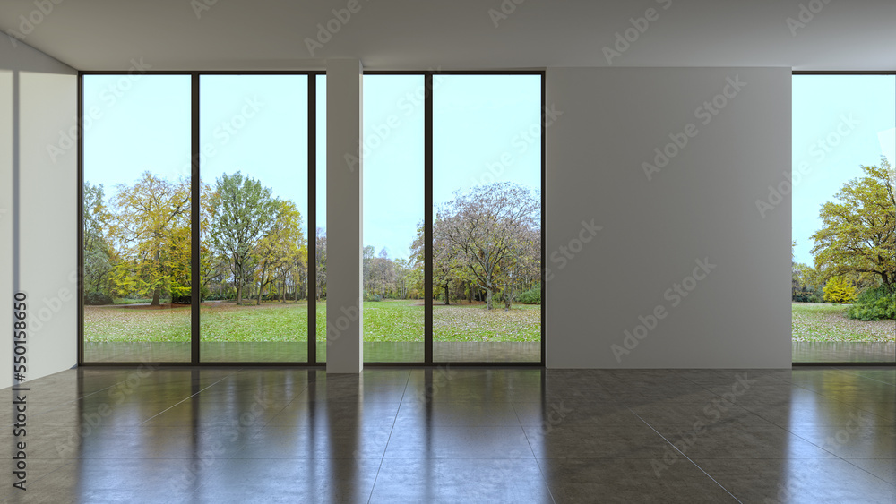 Fototapeta premium Illustration 3D rendering large luxury modern bright interiors Living room mockup computer digitally generated image