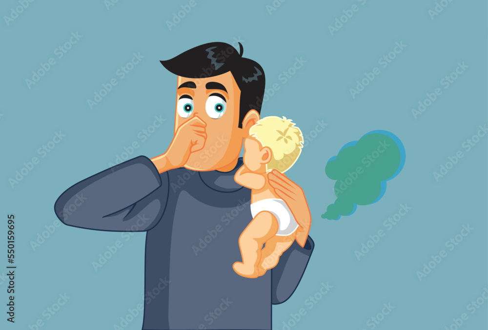 Funny Dad Covering his Nose Needs to Change Diaper Vector Cartoon. Father holding his baby noticing an unpleasant smell coming from the diaper

