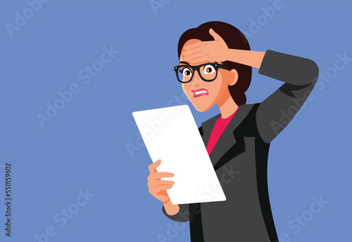 Stressed Businesswoman Reading a Contract Vector Cartoon Illustration. Upset manager receiving tax papers preparing a lawsuit 
