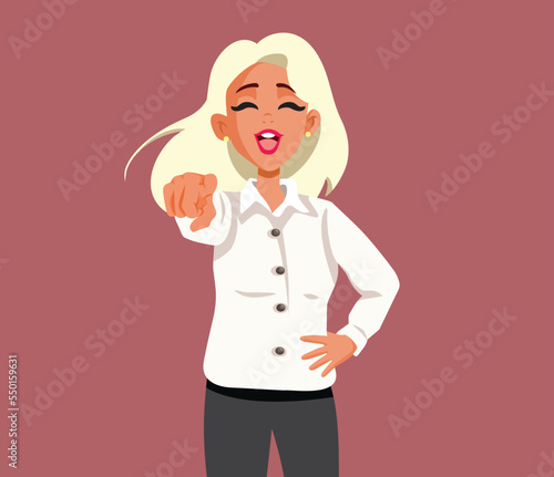 Mocking Woman Laughing and Pointing Finger Vector Cartoon Illustration. Cruel girl making an insensitive joke poking fun of someone
 photo