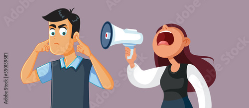 Woman Screaming in a Loudspeaker in Couple Fight Concept Illustration. Couple fighting ending up in divorce and separation
