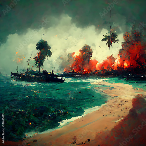 tropical island in the ocean burning