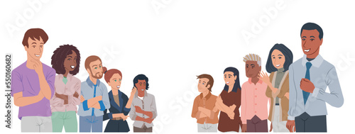 Two adult teams opposing competing groups rivalry concept. Healthy competition and positive communication from opponents. Flat vector illustration isolated on white background.