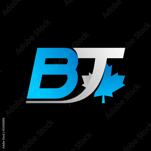Letter or word BT sans serif italic font with maple leaf like fast move creative premium image graphic icon logo design abstract concept free vector stock. Related to initial sport or canadian flag