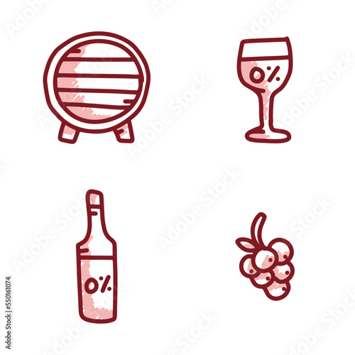 Dealcoholized wine doodle style icon set, red grape beverage concept, non-alcoholic drinks hand drawn vector icons, red wine brewery emblems, barrel, crystal glass isolated on white background