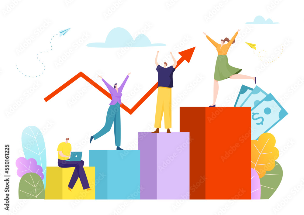 Business people together career growth, woman and man stand industry ladder, professional development flat vector illustration, isolated on white.