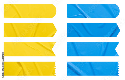 Set of banner yellow and blue stickers paper mock up. Blank tags labels of different shapes, isolated on white background