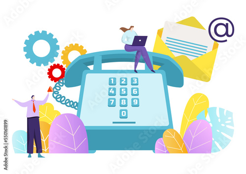 Contact us support service, tiny character sitting landline phone work laptop, user maintenance flat vector illustration, isolated on white.