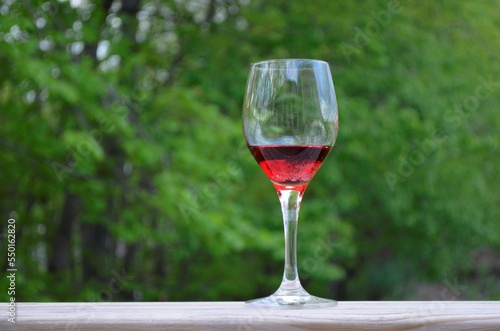 Wine glass against a blurred background of trees