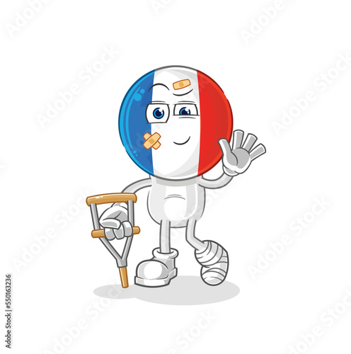 france sick with limping stick. cartoon mascot vector