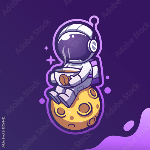 Cute Mascot Astronaut drinking coffee while seated on the moon. Cartoon Vector Icon Illustration. Spaceman Mascot Cartoon Character. Flat Cartoon Style, sticker, and Card