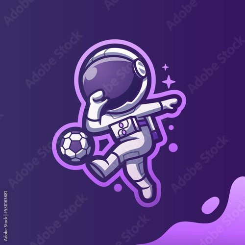 Cute Mascot Astronaut Playing Football Soccer Cartoon Vector Icon Illustration. Cartoon Vector Icon Illustration. Spaceman Mascot Cartoon Character. Flat Cartoon Style, sticker, and Card