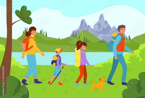 Fotografie, Obraz Friendly family outdoor hobby hiking time spend, people character together forest landscape stroll flat vector illustration