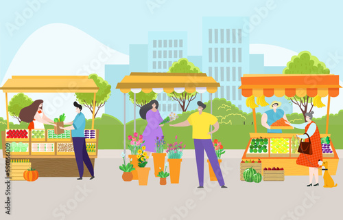 Urban landscape street natural organic farming market, character farmer sell grown vegetable and flower flat vector illustration.