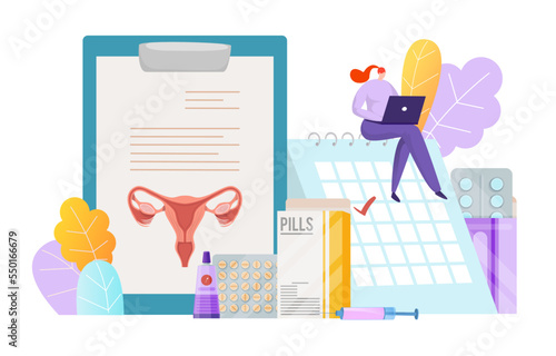Medical concept female contraceptive medicament, tiny woman character sitting work laptop flat vector illustration, isolated on white.