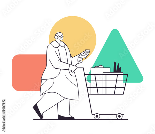 senior woman with full of products trolley cart checking shopping list in supermarket old age concept © mast3r