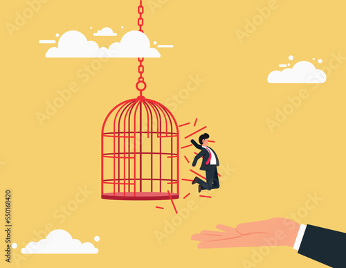 Courage to escape for freedom. brave businessman jumped away from the aviary, get out of comfort zone to find new job