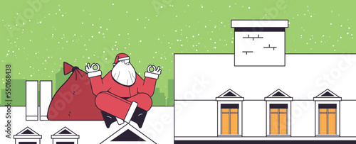 santa claus sitting lotus pose on the roof of house building merry christmas happy new year winter holidays celebration