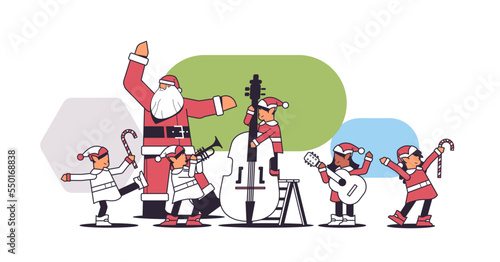 elves with musical instruments santa helpers playing guitar and trumpet happy new year christmas holidays celebration
