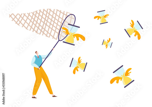 Businessman hold butterfly net chase hourglass, concept business time management deadline flat vector illustration, isolated on white.