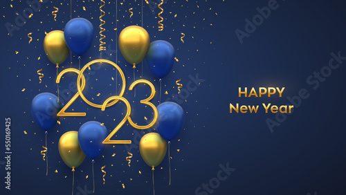 Happy New 2023 Year. Hanging Golden metallic numbers 2023 with 3D festive helium balloons and falling confetti on blue background. New Year, Xmas greeting card, banner template. Vector illustration.