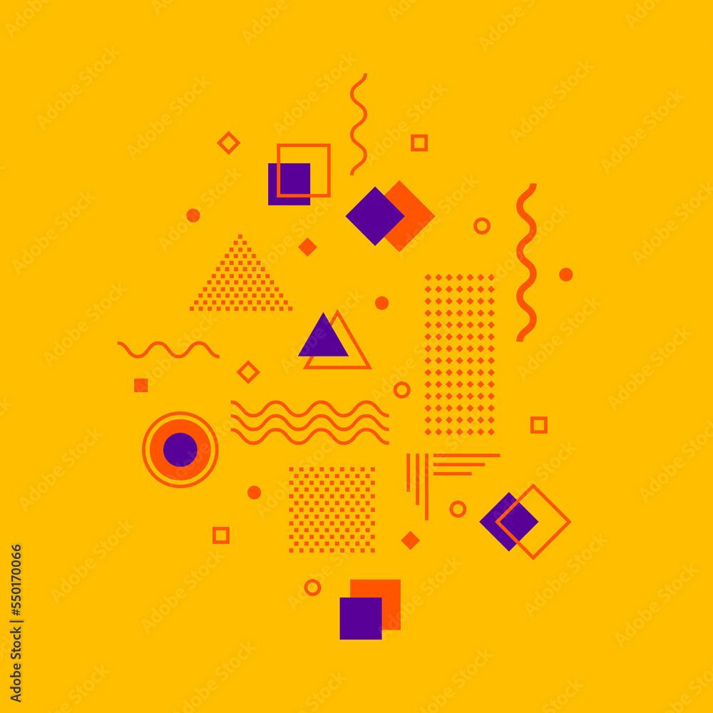 Universal geometric shapes with bright elements composition. Abstract geometric background. Memphis element illustration template. Magazine, leaflet, billboard, sale, banner, flyer, background. Eps 10