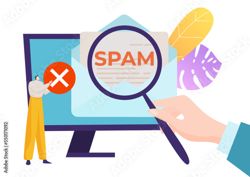 Male hand hold magnifying glass, monitor display malware anti spam mail application clearing email flat vector illustration, isolated on white.