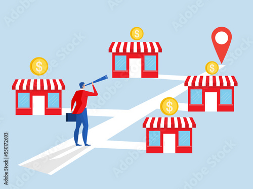 Franchise business concept,  Businessman stand use telescopic for expand his business growing store shop profit Vector Illustration 