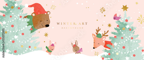 Luxury winter art background vector illustration. Hand painted watercolor decorative cute bear, deer, rabbits and bird with christmas trees. Design for print, decoration, poster, wallpaper, banner.